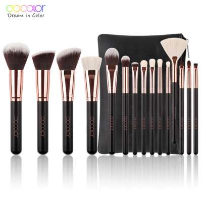 Docolor 15PCS Black Makeup Brushes Set With Bag Smokey Eye Flat Eyeliner Contour Blending Fan Brush With Wood Handle Goat Hair